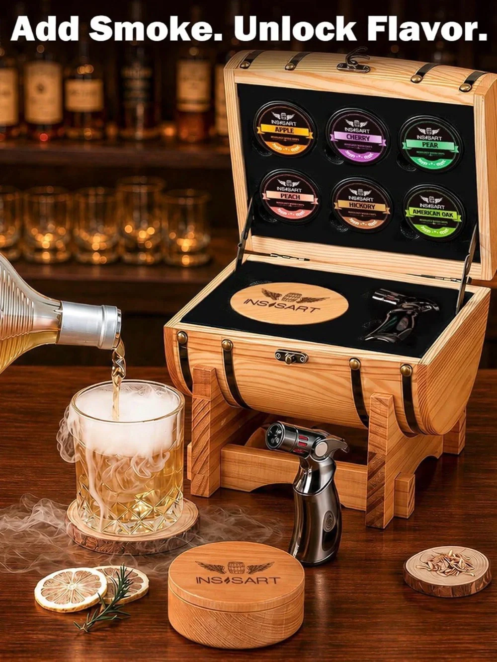 Beech Smoke Infuser Whiskey Smoker Kit in Natural Wood